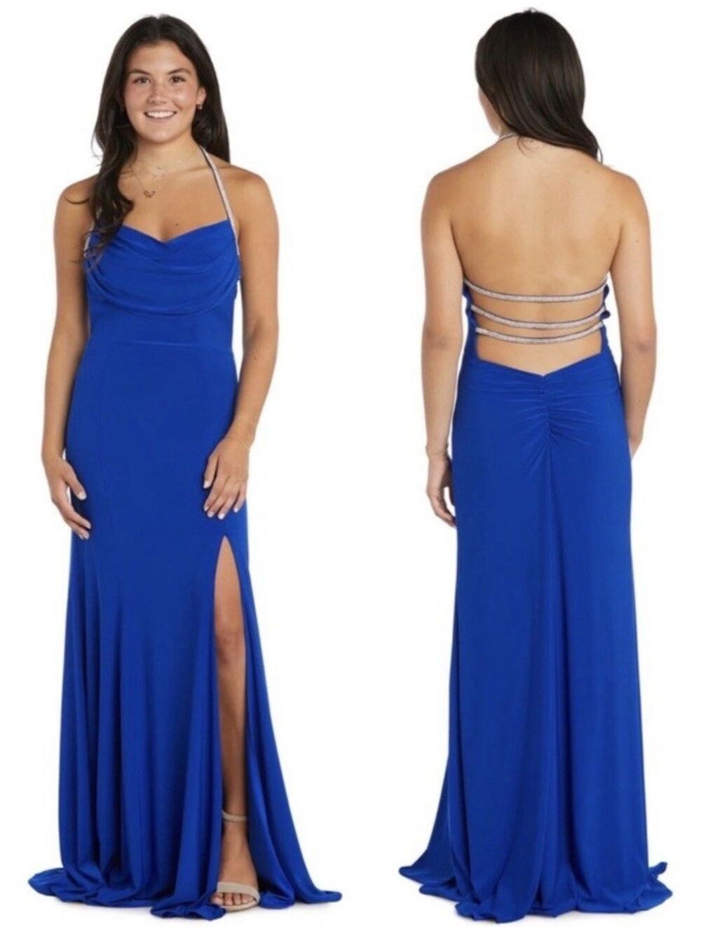 Morgan Co Y2k 90s Prom HOCO Gown Dress Blue Halter Strappy Cage Back Rhinestone